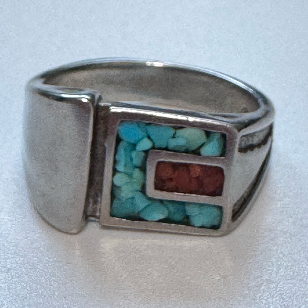 Vintage Native American Turquoise Coral Inlay Silver Ring